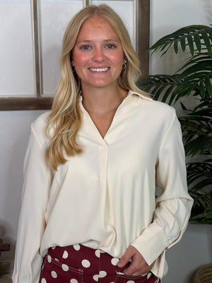 Collared V-Neck Blouse in Bone, Black or Brown
