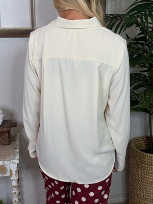 Collared V-Neck Blouse in Bone, Black or Brown