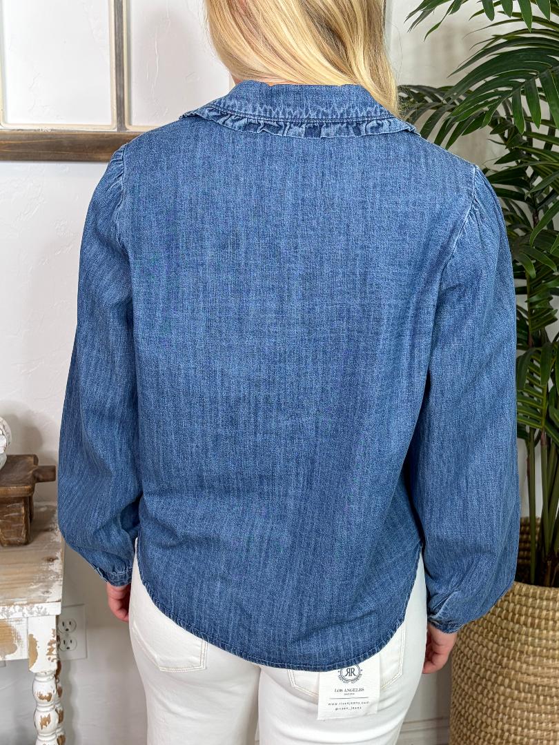 Denim Button Down Top with Ruffle Trim