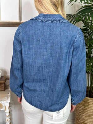 Denim Button Down Top with Ruffle Trim