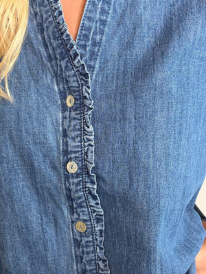 Denim Button Down Top with Ruffle Trim