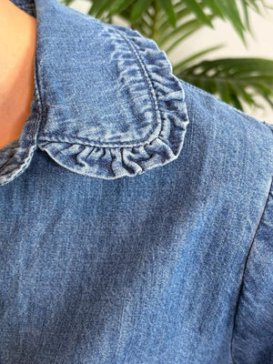 Denim Button Down Top with Ruffle Trim