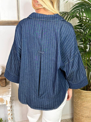 Denim Button Down Top with White Stripes