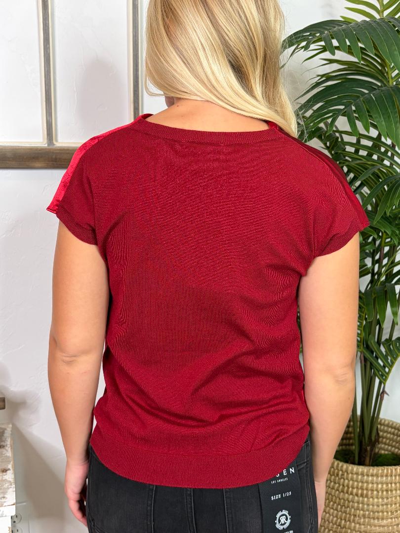 Wine Satin Top with Knit Back
