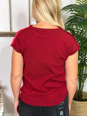 Wine Satin Top with Knit Back