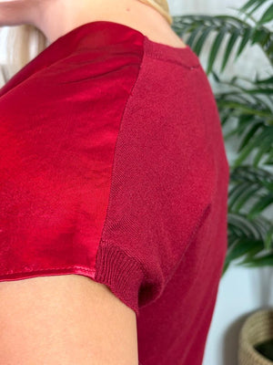 Wine Satin Top with Knit Back