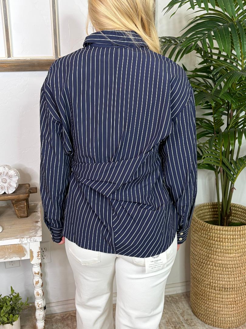 Navy Pinstriped Blouse with Tie Waist Front