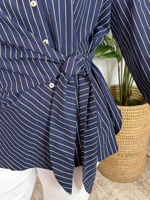 Navy Pinstriped Blouse with Tie Waist Front