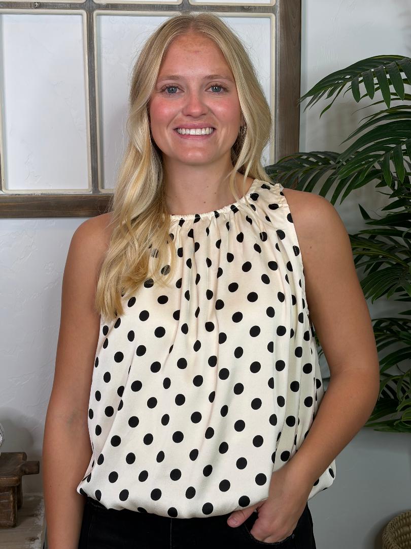 Cream/Black or Brown/Cream Polka Dot Sleeveless Bubble Top