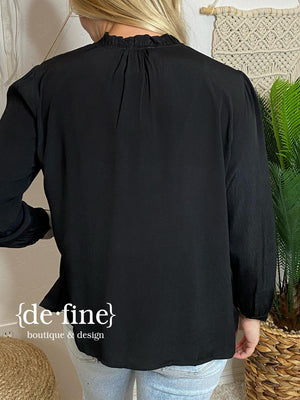 Daphne V-Neck Blouse with Ruffled Trim in Black or White