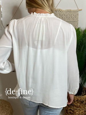 Daphne V-Neck Blouse with Ruffled Trim in Black or White