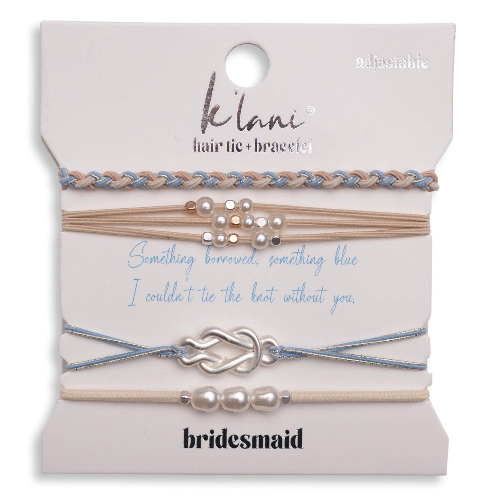 "Bridesmaid" Cream & Blue with Pearl Accent Adjustable Hair Tie + Bracelets