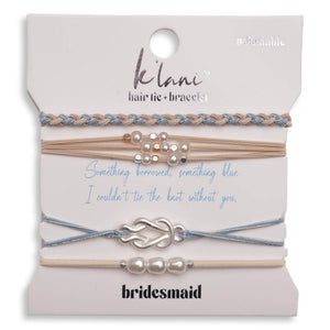 "Bridesmaid" Cream & Blue with Pearl Accent Adjustable Hair Tie + Bracelets