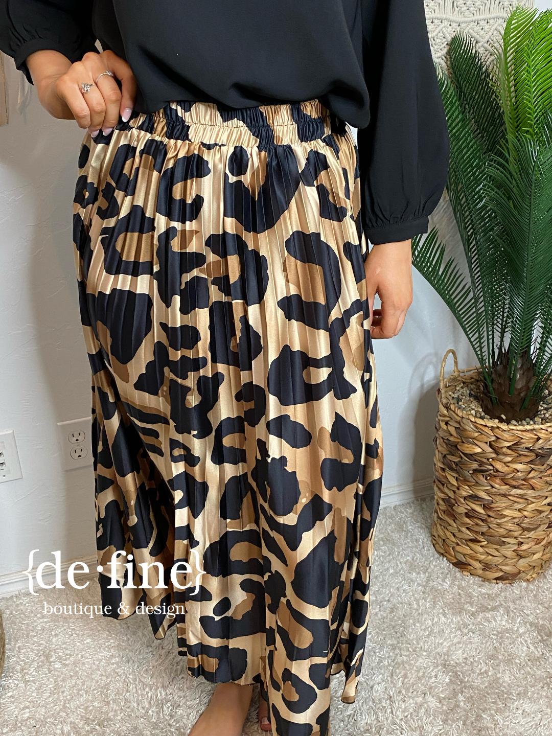 Large Scale Leopard Satin Pleated Midi Skirt
