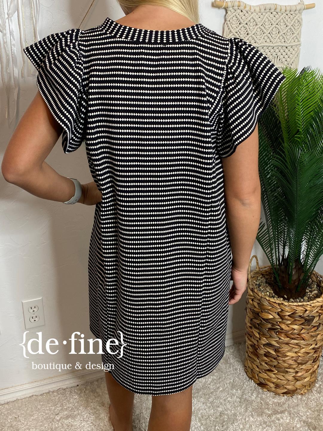 Black V-Neck Dress with White Stripes and Ruffle Sleeves
