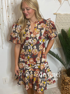 Charcoal Floral V-Neck Knee Length Dress