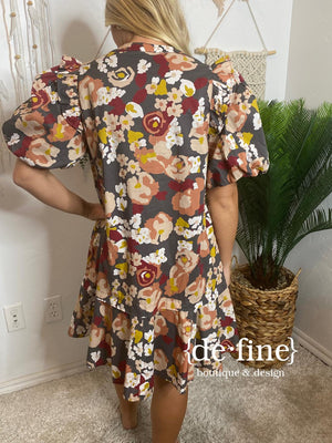 Charcoal Floral V-Neck Knee Length Dress