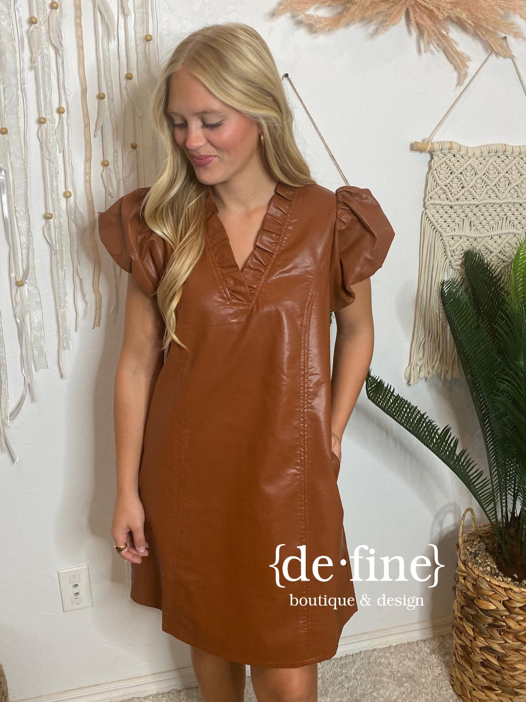 Cognac Faux Leather Shift Dress with Ruffle Accents