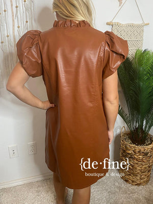 Cognac Faux Leather Shift Dress with Ruffle Accents