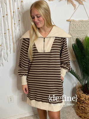 Brown and Tan Striped Sweater Dress with Zipper