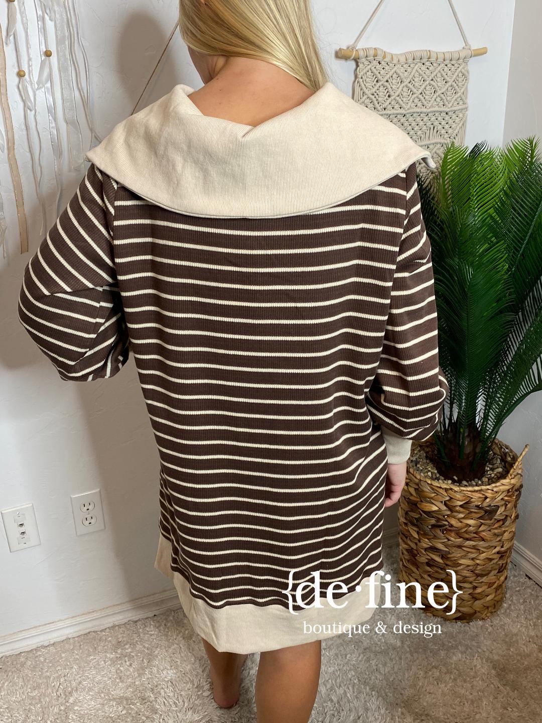 Brown and Tan Striped Sweater Dress with Zipper