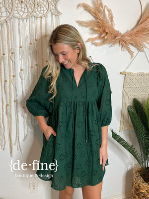 Hunter Green Eyelet V-Neck Dress