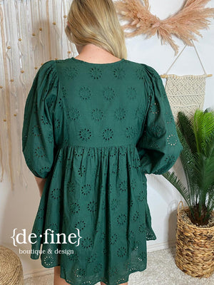 Hunter Green Eyelet V-Neck Dress