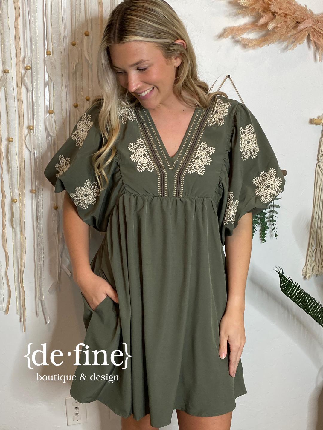 Olive Embroidered V-Neck Dress