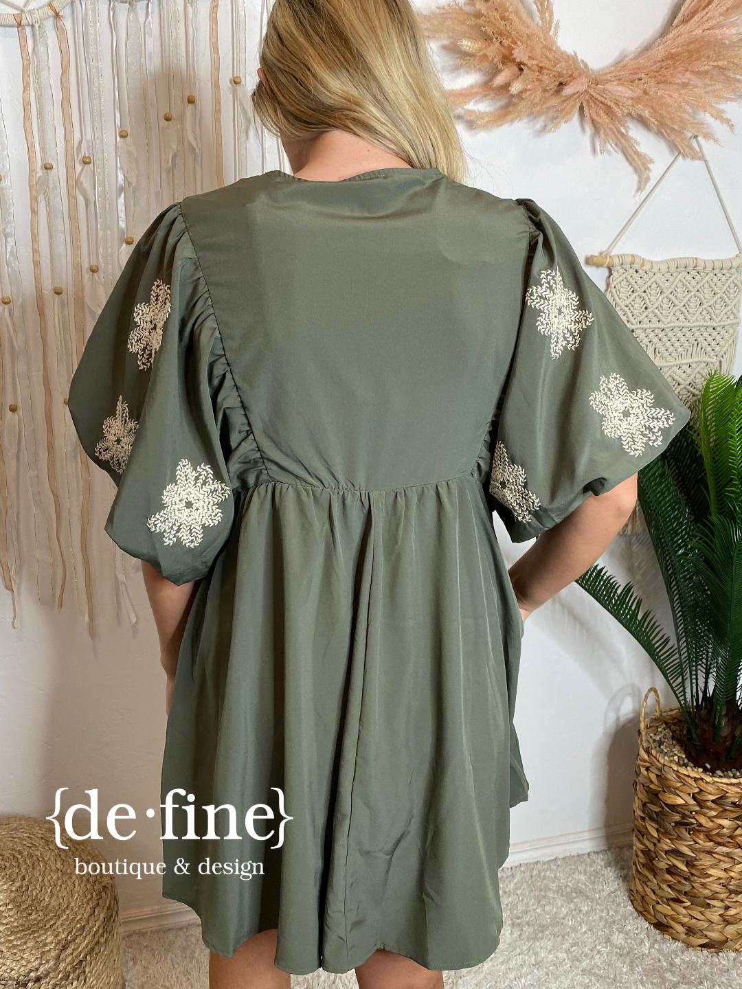 Olive Embroidered V-Neck Dress