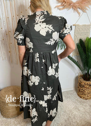 Charcoal Floral Midi Dress with Scallop Detail