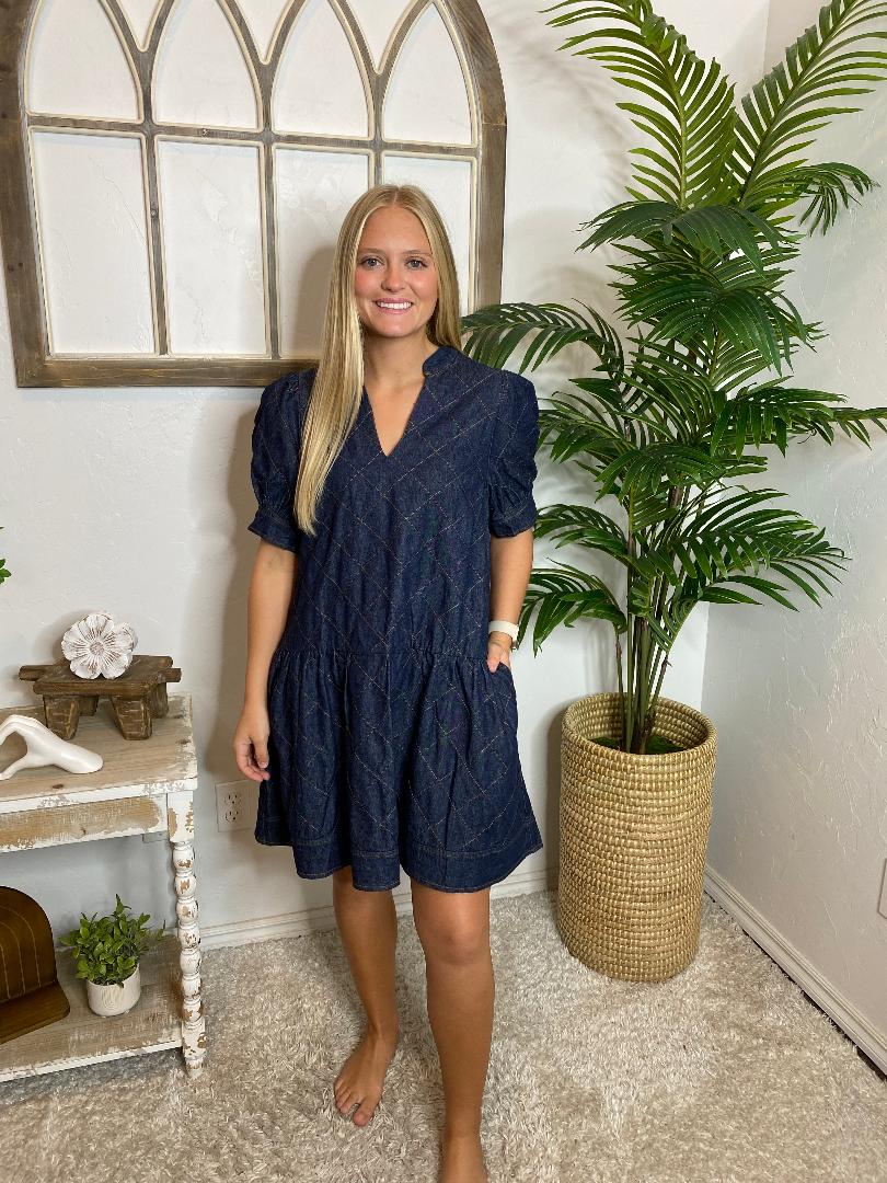 Dark Denim Dress with Diamond Stitch Pattern