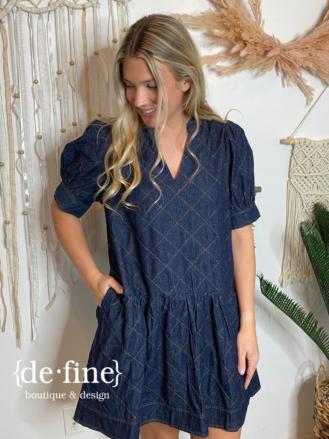 Dark Denim Dress with Diamond Stitch Pattern