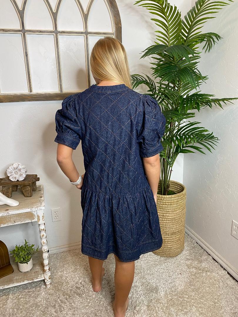 Dark Denim Dress with Diamond Stitch Pattern