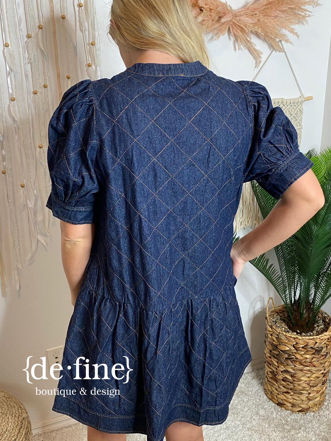 Dark Denim Dress with Diamond Stitch Pattern