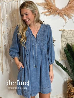 Denim Dress with Pleated Bodice and V-neck