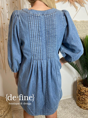 Denim Dress with Pleated Bodice and V-neck