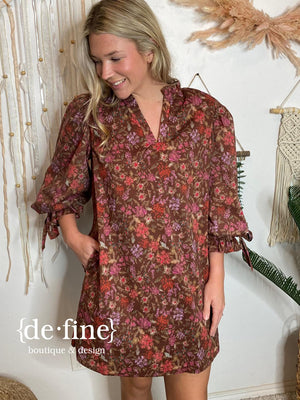 Brown Floral V-Neck Dress with Small Bows on Sleeves