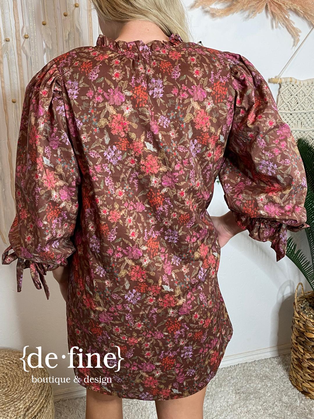 Brown Floral V-Neck Dress with Small Bows on Sleeves