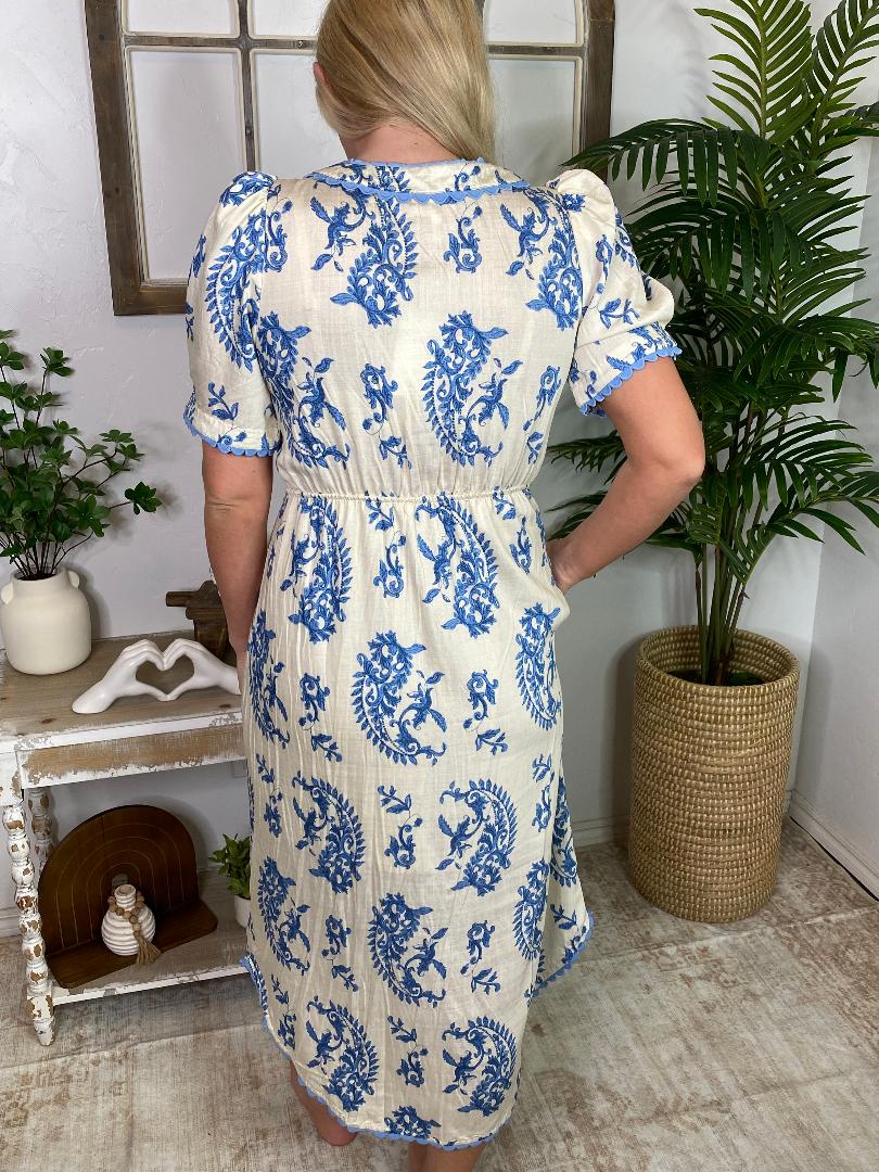 Blue Ivory Damask Midi Dress