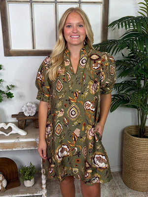 Olive Fall Floral V-Neck Dress