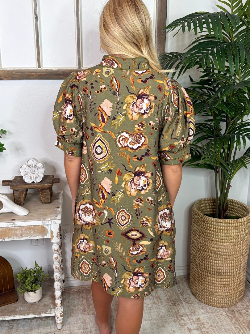 Olive Fall Floral V-Neck Dress