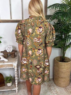 Olive Fall Floral V-Neck Dress