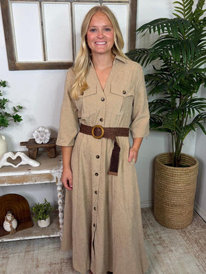 Khaki Button Up Suede Belted Midi Dress