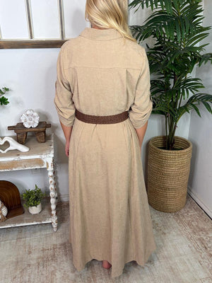 Khaki Button Up Suede Belted Midi Dress
