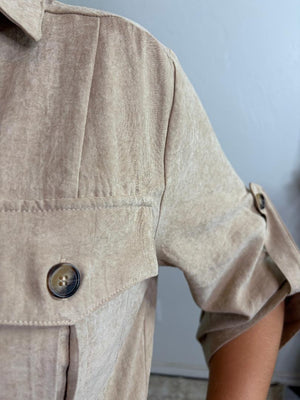 Khaki Button Up Suede Belted Midi Dress