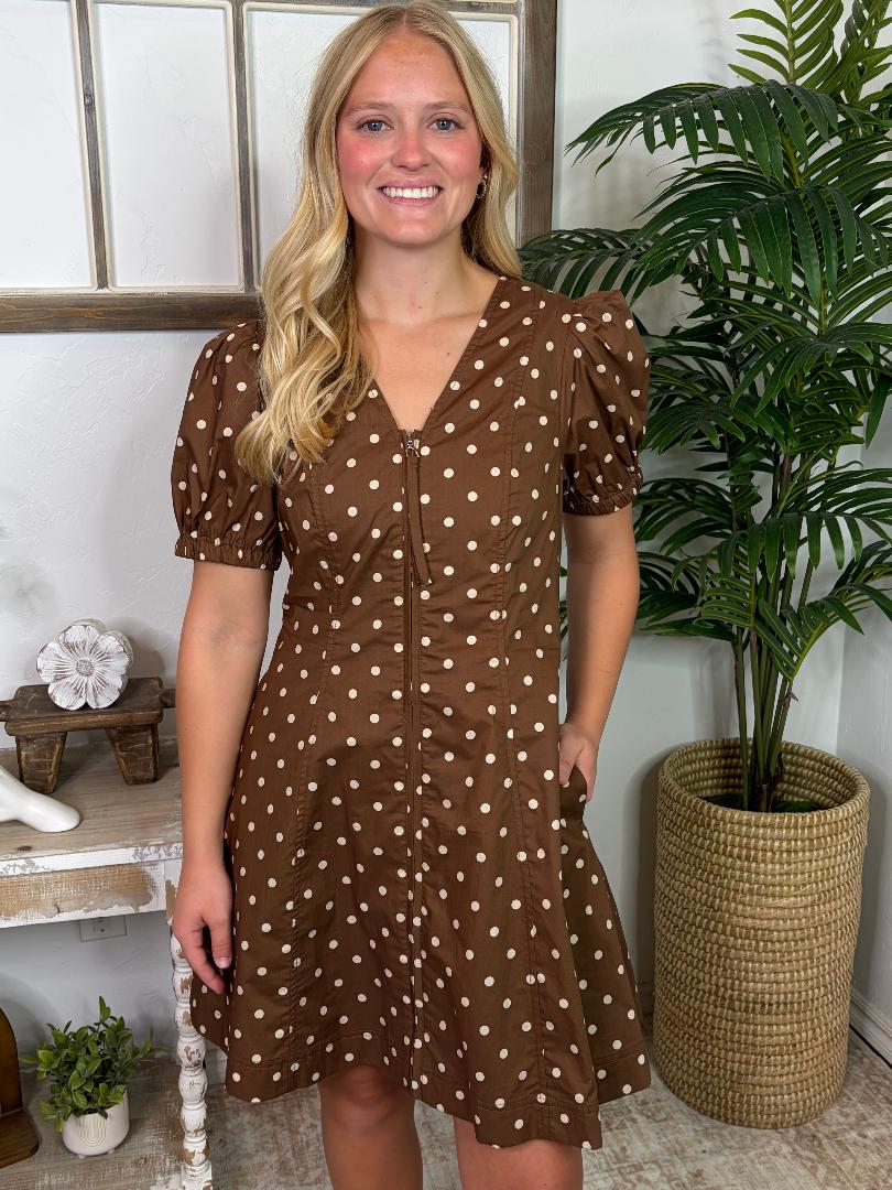 Brown and Cream Polka Dot Zipper Dress