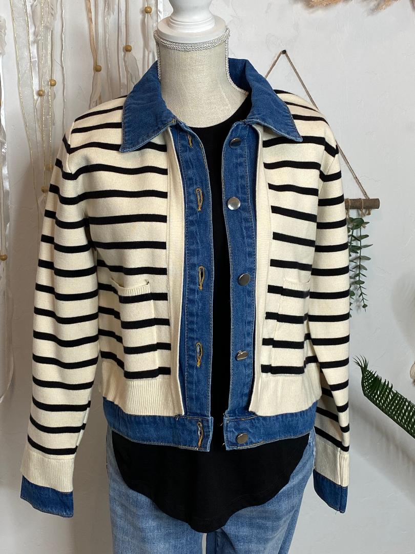 Black and White Striped Cardigan with Denim Trim