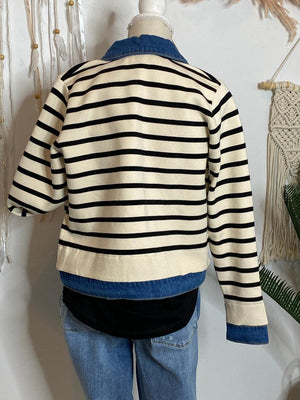 Black and White Striped Cardigan with Denim Trim