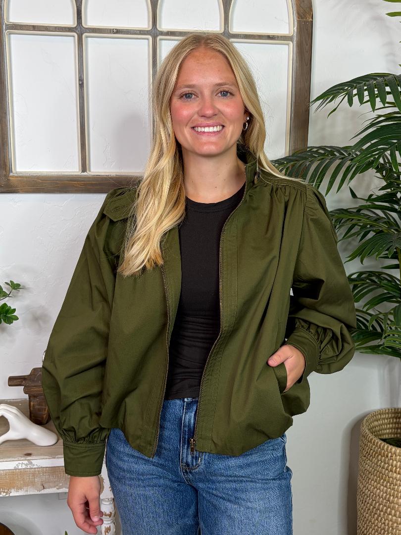Olive Puff Sleeve Utility Jacket