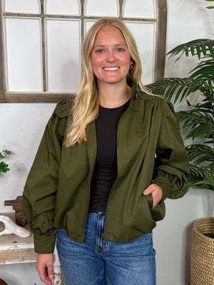 Olive Puff Sleeve Utility Jacket